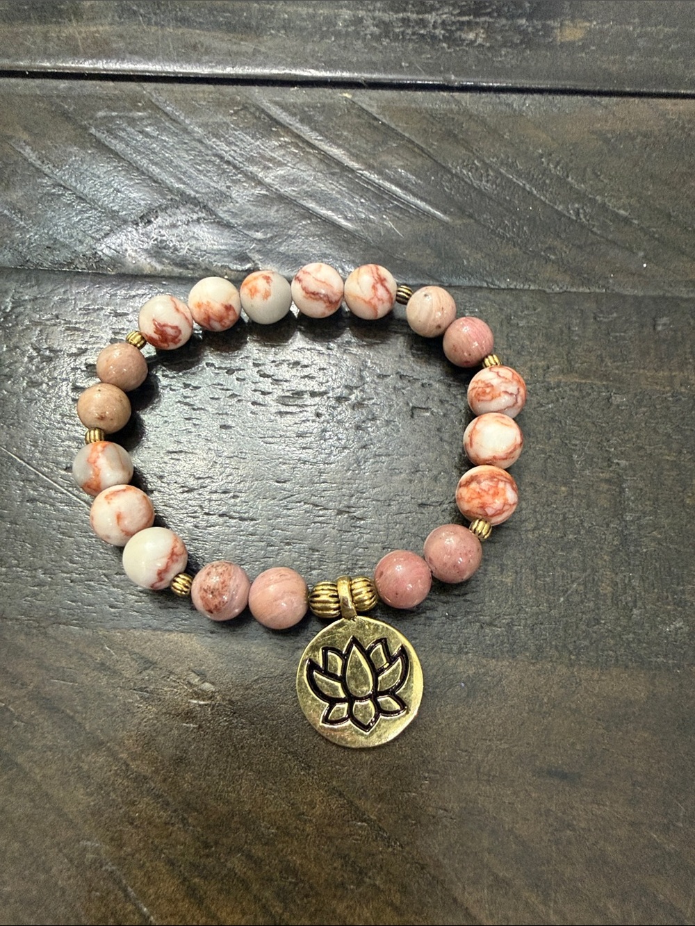 Lotus Charm Pink Jasper Beaded Bracelet